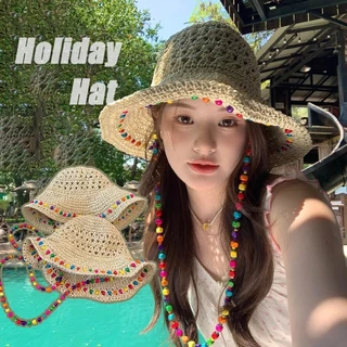 หมวกกันแดด แฟชั่นสไตล์เกาหลี สไตล์ins เดินป่า ระบายอากาศ กลางแจ้ง พร้อมสร้อยคอลูกปัดสี