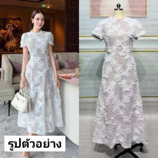 (ปกติ ผ้ายืด .5ลงได้ ยาว 52“) เดรสยาว เดรสลูกไม้ สีขาว แต่งด…
