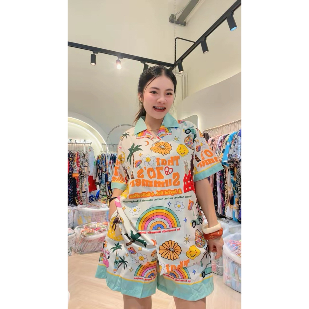 4️⃣ผ้าไหมอิตาลีชุดเซ็ตเสื้อฮาวาย+กางเกงขาสั้นมีกระเป๋า งานเซ็ตน่ารักที่ใส่สบายสุดๆ