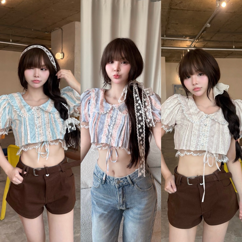 Petite♡︎ Misty top เสื้อครอปคอบัวแขนตุ๊กตา แต่งระบายลูกไม้ กระดุมคริสตัล
