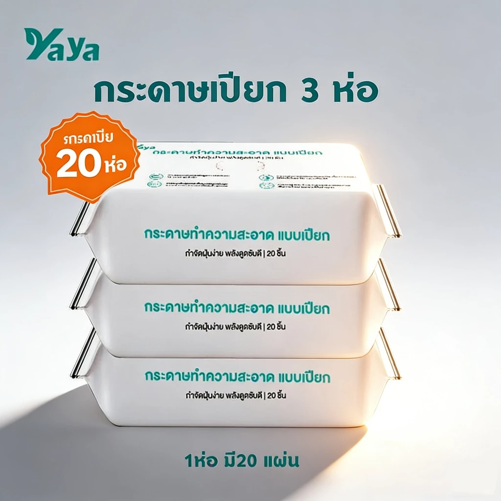 กระดาษเปียก Yaya 3 แพ็ค (60 แผ่น) ไม่ทำลายผิว ใช้สำหรับเด็กและผู้ใหญ่ สะอาดสะอาดทุกวัน สะอาดทุกสถานการณ์ COD