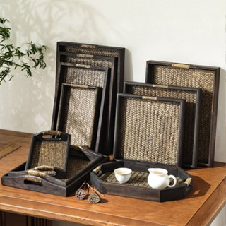 THAILUCKY ถาดไม้ เสิรฟอาหาร สี่เหลี่ยม หูโค้ง โค้งสาน มี 6 ข…