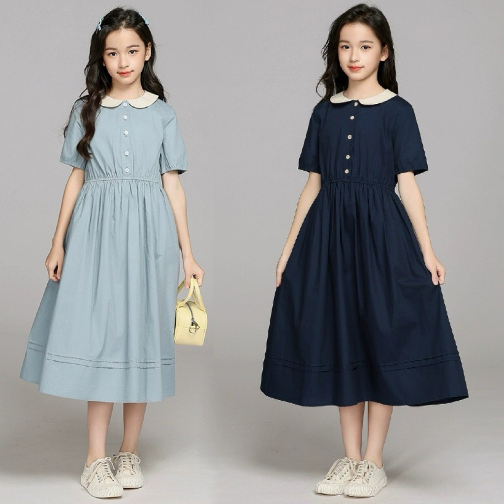เดรสเกาหลี คอบัว สีกรม,สีฟ้า / P / 550