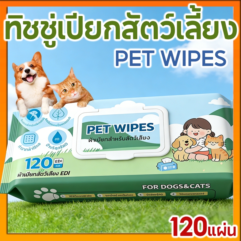 ทิชชู่เปียก 120 แผ่น สำหรับเช็ดสัตว์เลี้ยง ทิชชู่เปียกสัตว์เลี้ยง ทำความสะอาด พกพาสะดวก Pet Wipes
