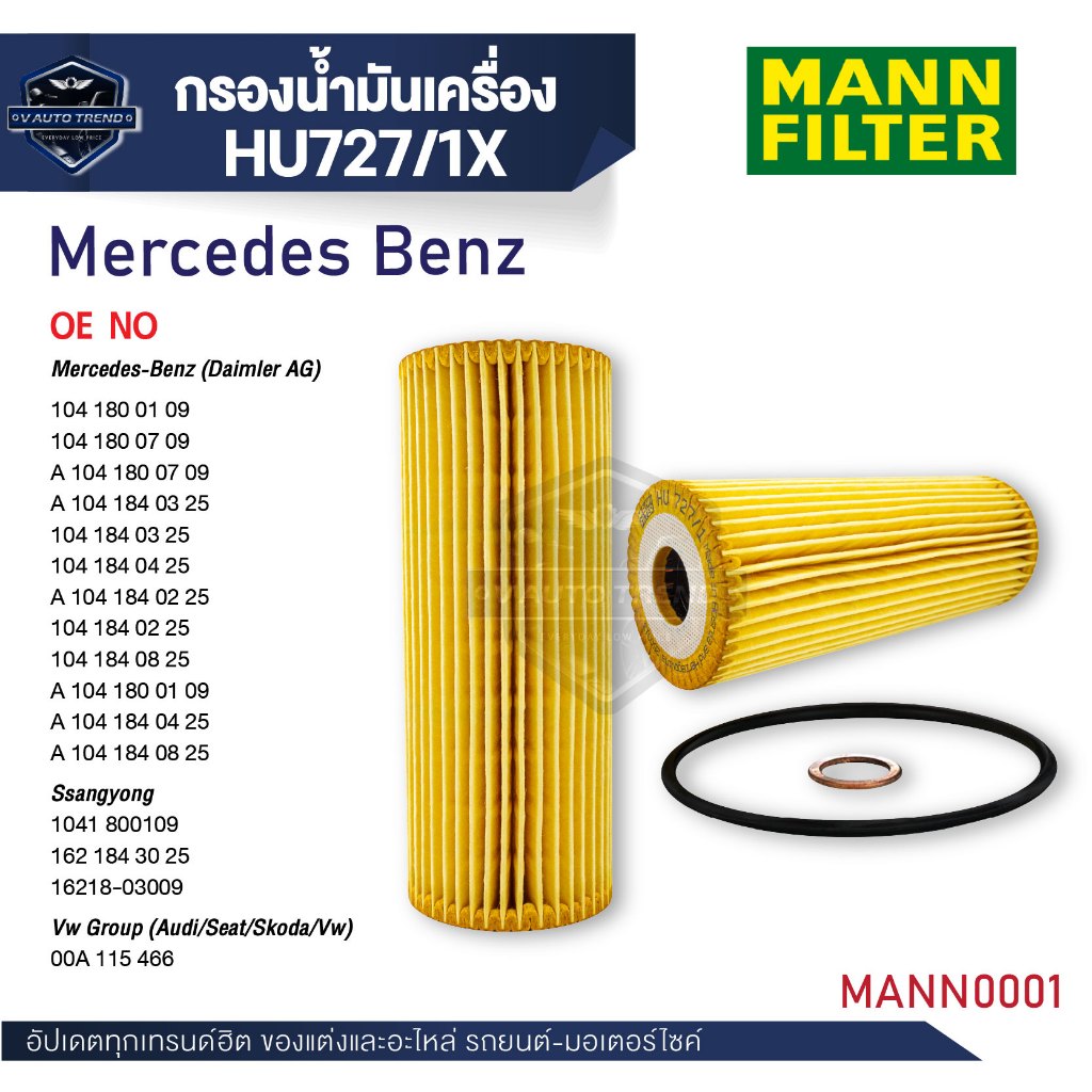 MANN กรองน้ำมันเครื่อง รหัสHU727/1x  BENZ รุ่นC180,C200KOM,C230,C280,CLK200,200KOM,E200KOM,E230,E280