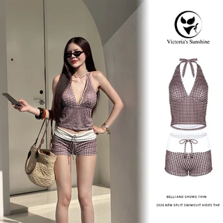 Victoria's Sunshine Bikini Set ชุดว่ายน้ำ ทูพีช ลายสก็อตสีน้ำตาลสุดคลาสสิก ดีไซน์คล้องคอ โชว์หลัง สไตล์ฤดูร้อนใหม่#1090