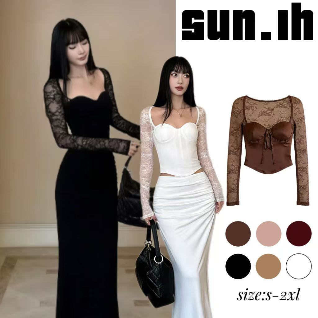 SUN🛍️พร้อมส่ง🛍️เสื้อยืดแขนยาวสีขาวสไตล์อเมริกันสุดเซ็กซี่สำหรับผู้หญิง สไตล์ใหม่สำหรับฤดูใบไม้ร่วงและฤดูหนาว ทรงเข้ารูปแ