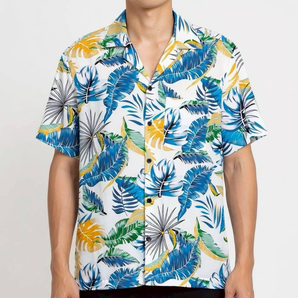 เสื้อเชิ้ตฮาวาย ลายใบไม้ส้มมิ้นท์ (พื้นสีขาว) ผ้าไหมอิตาลี