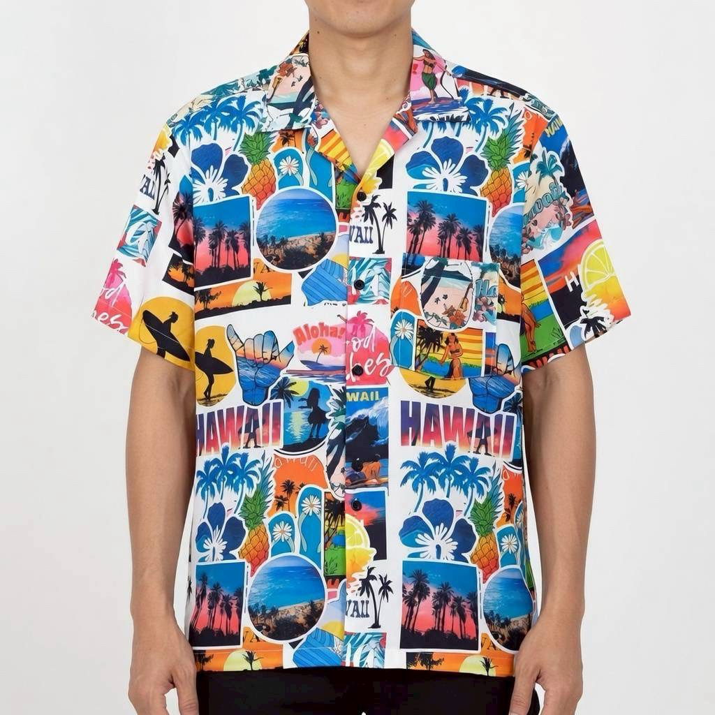 เสื้อเชิ้ตฮาวาย ลายสีสันฮาวาย (พื้นสีขาว) ผ้าไหมอิตาลี