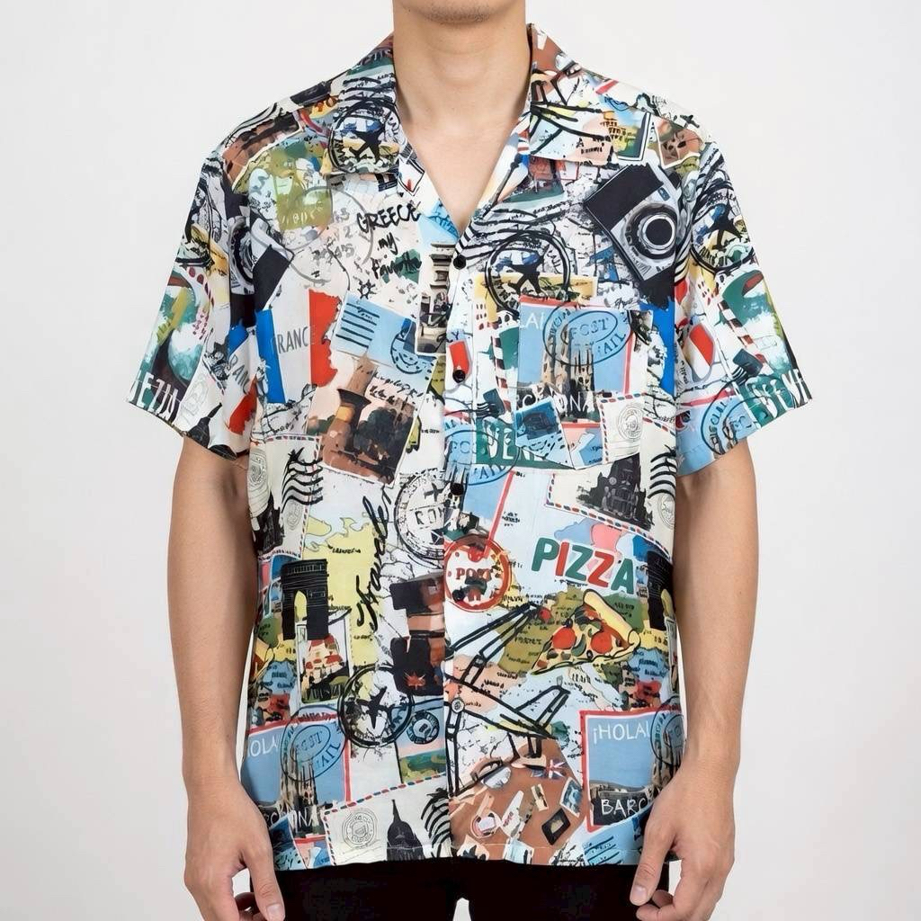 เสื้อเชิ้ตฮาวาย ลายแลนท์มาร์ทยุโรป (พื้นสีขาว) ผ้าไหมอิตาลี