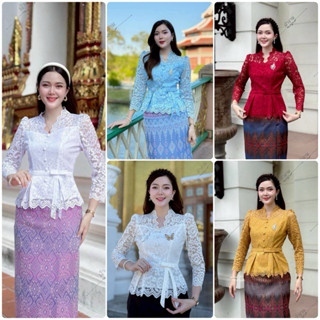 เสื้อลูกไม้อิตาลีรุ่นโบว์น่ารักๆ คอวี แขนยาว อัดกาวทั้งตัว ใ…