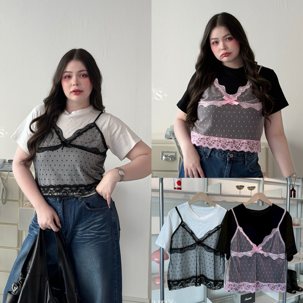 /LD/ เสื้อครอปสาวอวบ มีไซส์อก38-52 เสื้อแต่งสายเดี่ยวซีทรูลายจุด ขอบลูกไม้เชิง น่ารัก แมทช์ง่าย #พลัสไซส์