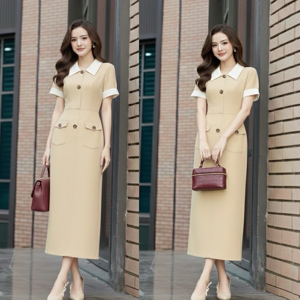 TC เดรสยาวสีครีม แต่งคอปกใหญ่สีขาว แขนสั้นแต่งขอบสีขาว แต่งอ่ะไหล่กระดุมหน้าเรียวยาว และมีกระเป๋าหน้า