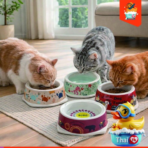 Thai.Th ชามใส่อาหารสุนัขและแมว เมลามีน ที่ให้อาหาร ที่ให้น้ำ สัตว์เลี้ยง ขนาด 11x12.5 cm #3038