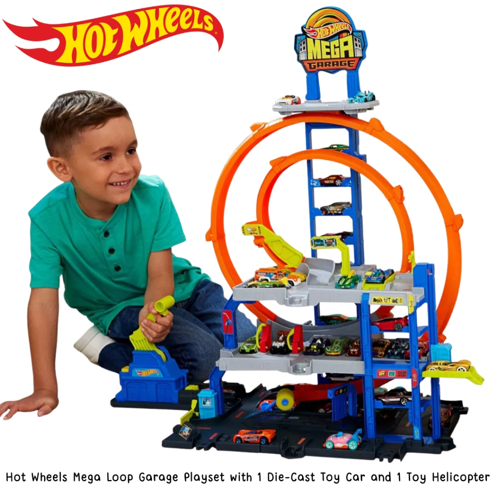 🚁🚗 ชุดเดียวคุ้ม นำเข้า🇺🇸  Hot Wheels Mega Loop Garage Playset with 1 Die-Cast Toy Car & 1 Toy Helico
