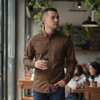 เสื้อเชิ้ตผู้ชาย คอปกแขนยาว สีน้ำตาล ผ้าอ๊อกฟอร์ด