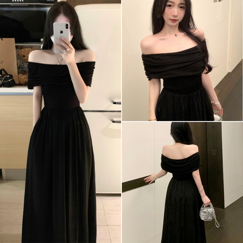 cherryshop พร้อมส่ง เดรสยาวสีดำเปิดไหล่สไตล์เฟรนช์เฮปเบิร์นสำหรับฤดูร้อน ทรงเอไลน์สลิมฟิต เซ็กซี่และสง่างาม