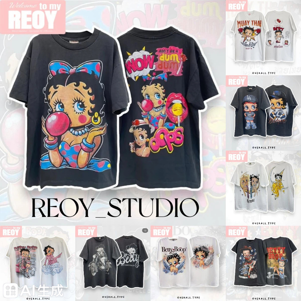 REOY♥เสื้อยืดแฟชั่นเกาหลีสำหรับผู้หญิง ทำจากผ้าคอตตอน 100% พิมพ์ลาย Betty Boop แบบโอเวอร์ไซส์ ให้ลุคที่สบายและคลาสสิก
