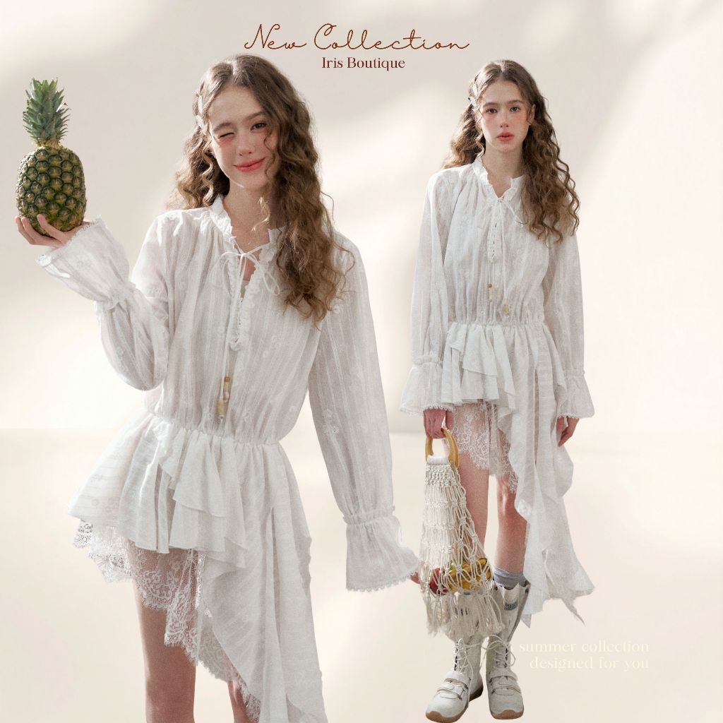 Original Design IRIS BOUTIQUE 26ssTrims series Cotton Ruffle Asymmetric Dressเดรสผ้าฝ้าย
