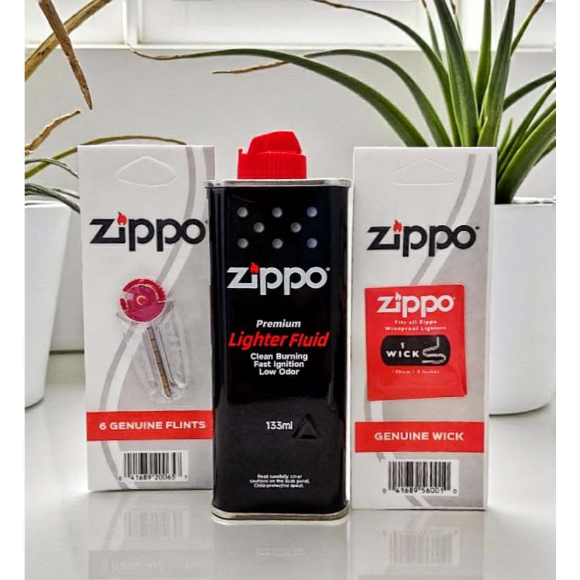 น้ำมันไฟแช็ค Zippo ของแท้ Made in USA Zippo Lighter Fluid 133 ml +ถ่านไฟแช็ค Zippo Flints +ไส้ไฟแช็ค