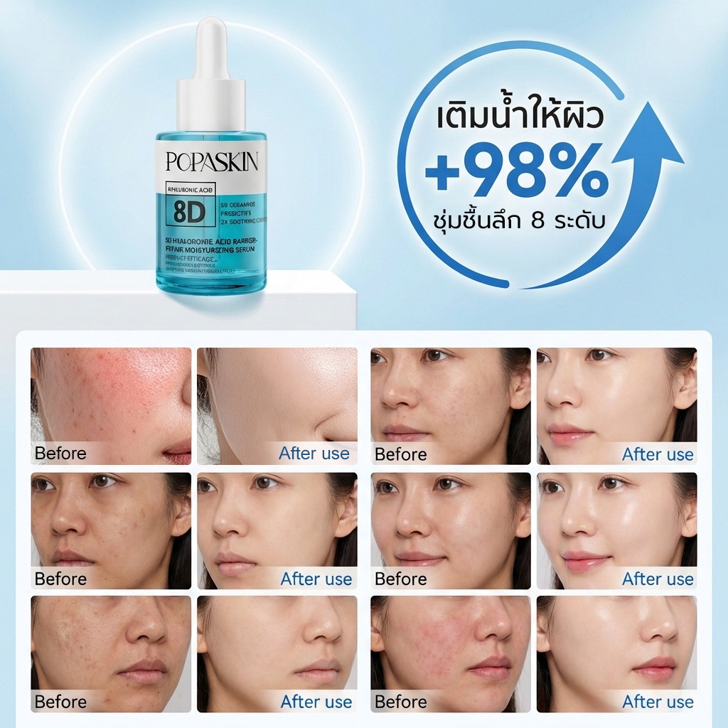 POPASKIN 8D Hyaluronic Acid Hydrating Primer Serum เซรั่มก่อนแต่งหน้า สูตรเข้มข้น กู้ผิวแห้งลอก เติมความชุ่มชื้น 30ML — صورة 6