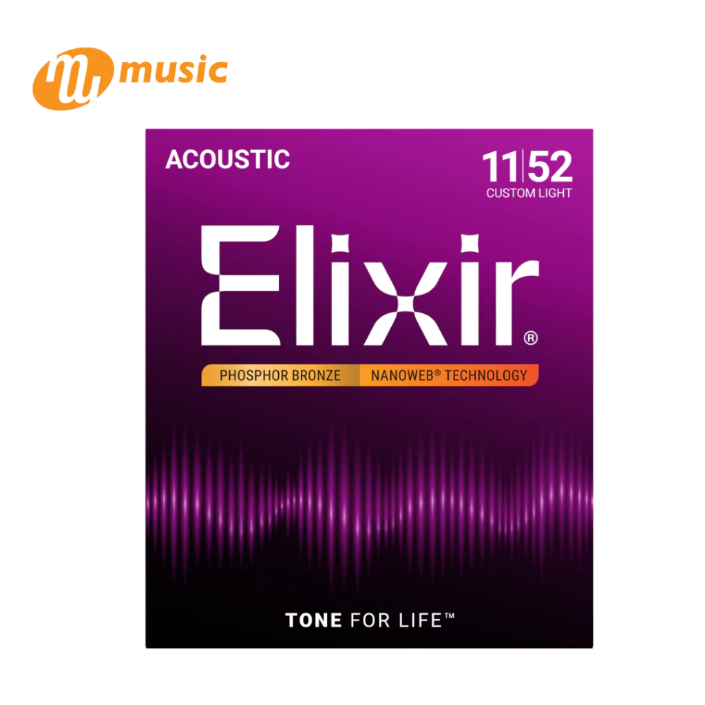 (ของแท้) สายกีตาร์โปร่ง ELIXIR PHOSPHOR BRONZE NANOWEB COATING,CUSTOM LIGHT(.011-.052) #16027