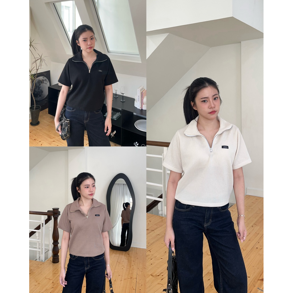 (เติมครีม/น้ำตาล🐻🧁)HAPTOP47 Zippy Polo เสื้อโปโลซิปผ้าร่องไหมพรม (happysummer.bkk)