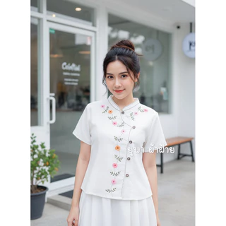 เสื้อผ้าฝ้ายชินมัยคอจีนแขนสั้น ปักดอกเดซี่