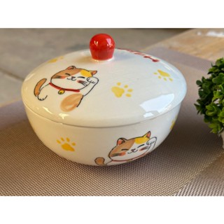 ชามฝาปิดเซรามิกลายแมวกวัก ถ้วยมีฝาปิด ถ้วยพร้อมฝา เข้าไมโครเ…