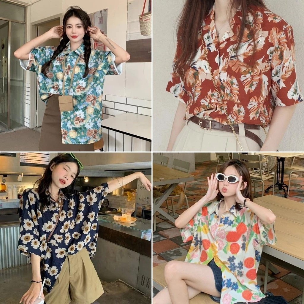 Hotgirl เสื้อเชิ้ตฮาวายผู้หญิง ลายดอกไม้ แขนสั้น ทรงหลวม