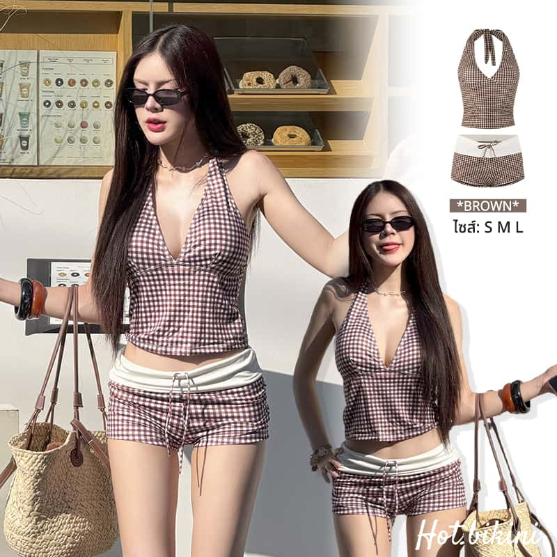 🍼Hot.Bikini✨รุ่นใหม่ ชุดว่ายน้ำ​ เสื้อสายเดี่ยว + กางเกงขาสั้น ลายสก๊อต คอวีลึก เว้าหลัง บิกินี่ทะเล เทศกาลสงกรานต์