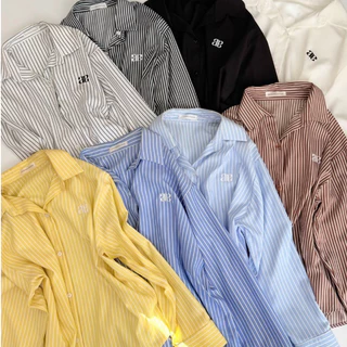 Candy Shirt เสื้อเชิ้ตงานปัก (ผ้าคอตตอนเชิ้ต) ลายริ้ว เสื้อเชิ้ตทรง Oversize สาวอวบใส่ได้ AOMMKOSHOP - S68 Women