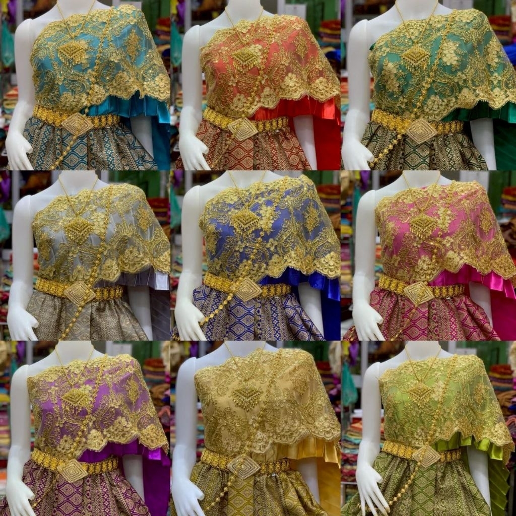 ชุดไทยผู้หญิง เซตโจงไหมสุรินทร์ ใส่คู่กับสไบลูกไม้(โจง+สไบนอก+สไบใน)(ราคาไม่รวมเครื่องประดับ)
