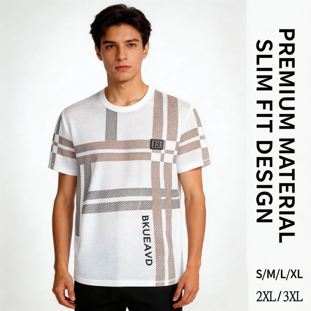 เสื้อยืดผู้ชาย คอกลม แขนสั้น tshirt men ผ้าเย็นสบาย แคสซวอล ลายตาราง ซับเหงื่อ ราคา ถูกที่สุด ดีลบีเคเค แกลเลอรีภาพที่ 2