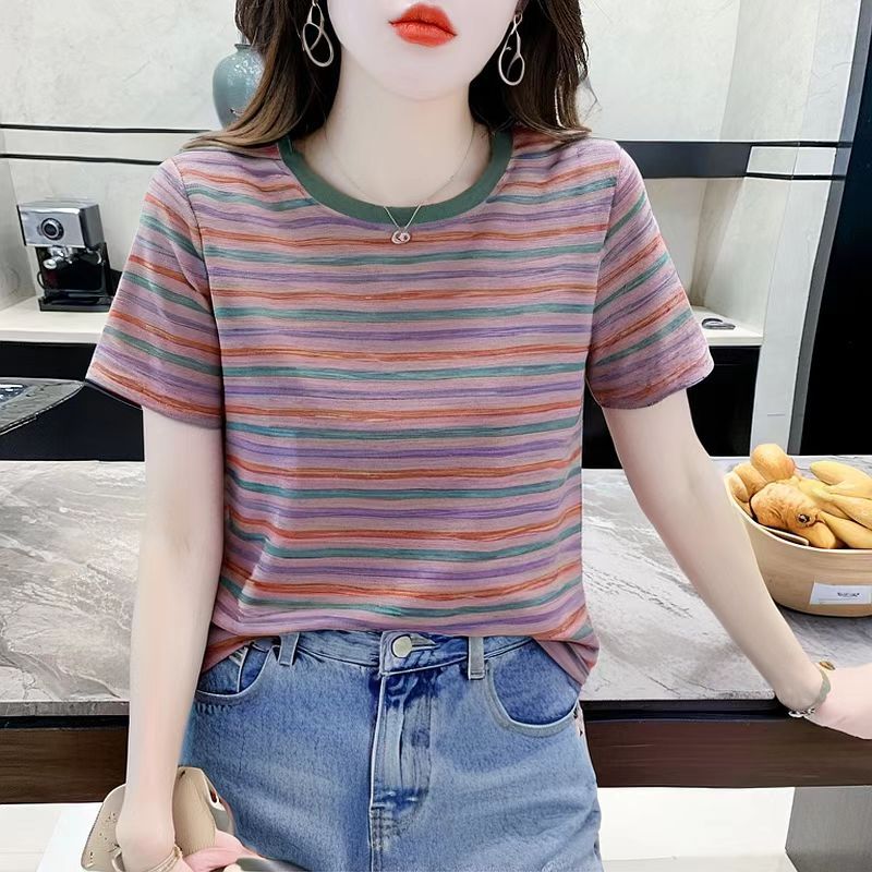 ลดล้างสต็อก! เสื้อตัวในแขนสั้นคอกลมลายทาง ดีไซน์เข้ารูป สวมใส่สบาย ทันสมัย ​​เหมาะสำหรับฤดูร้อน สำหรับผู้หญิง