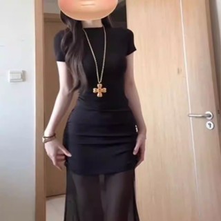 เดรสผ้าตาข่ายแขนสั้นสีดำสำหรับผู้หญิง สไตล์ฤดูร้อน ทรงเข้ารู…