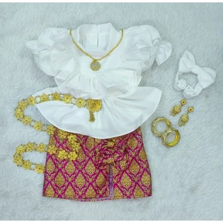 ชุดไทยลูกสาวเสื้อคอตั้ง+กระโปรงสั้น(ไม่รวมประดับ)