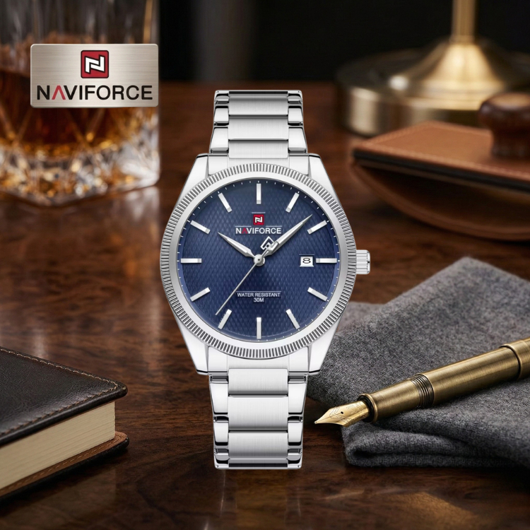 NAVIFORCE นาฬิกาข้อมือผู้ชายสายเลส มีวันที่ ดีไซน์เรียบหรูเป็นทางการ ใส่สบาย พร้อมกล่อง