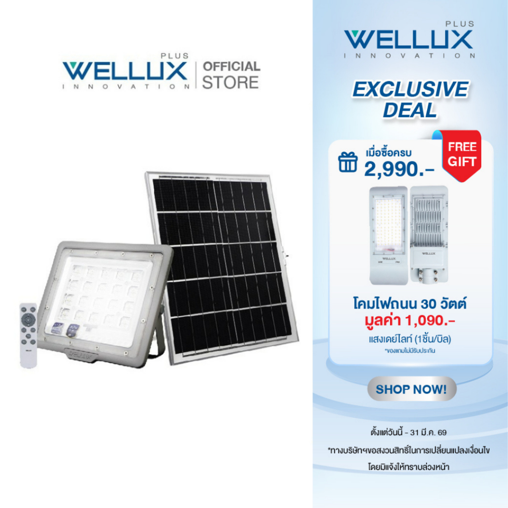 [BYD BATTERY]WELLUX โคมไฟฟลัดไลท์โซล่า 150W 250W 450W LED SOLAR FLOOD LIGHT รุ่น URANUT SERIES