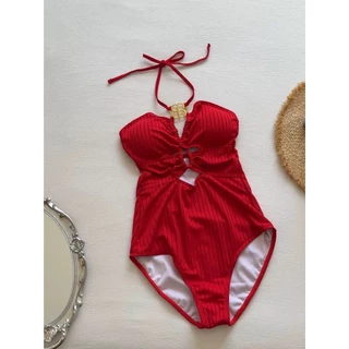 ชุดว่ายน้ำผู้หญิง วันพีซ Bikini Sexy คอผูกคล้องคอ แต่งห่วงทอง ผ้าร่องพรีเมียม ใส่ทะเล | Ocean Mood