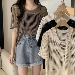 เสื้อถักแขนสั้นสไตล์เกาหลีสำหรับผู้หญิง ดีไซน์โปร่งบางเบา เหมาะสำหรับฤดูร้อน เสื้อคลุมคอกลม ดีไซน์เรียบง่าย