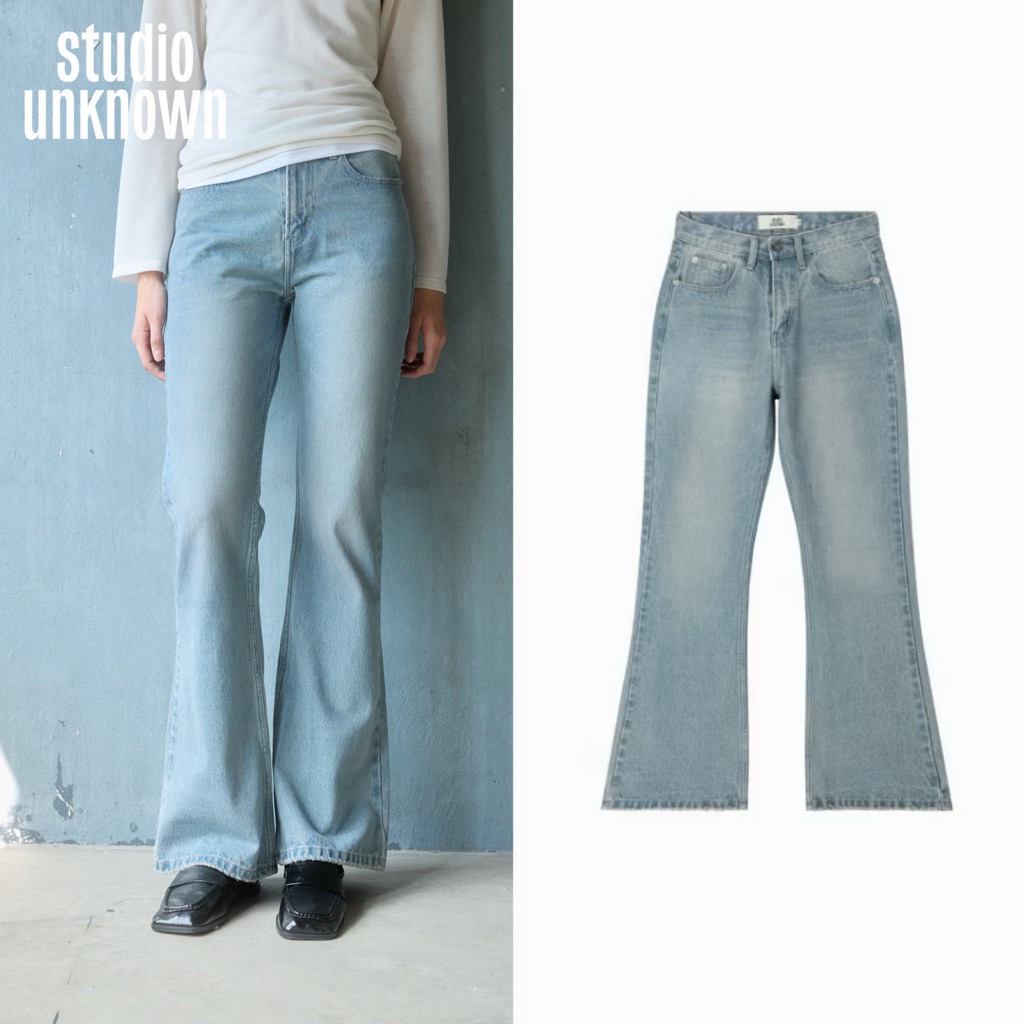 STUDIO UNKNOWN - SS26 Bell Bootcut Jeans กางเกงยีนส์ทรงขาม้าเล็กน้อยเข้ารูปช่วงต้นขา