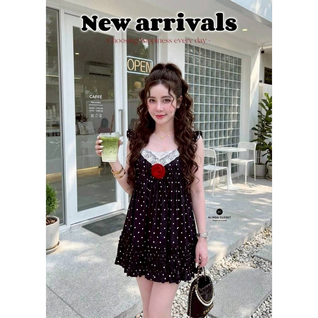 𝘼𝙇𝙄𝙉𝘿𝘼 𝘾𝙇𝙊𝙎𝙀𝙏 ᯓ ★ ชุดเซตมินิเดรสสีดำลายจุดสีขาว+กางเกงขาสั้นลายเข้าเซต เนื้อผ้าดีมาก ใส่สบาย ทรงสวย