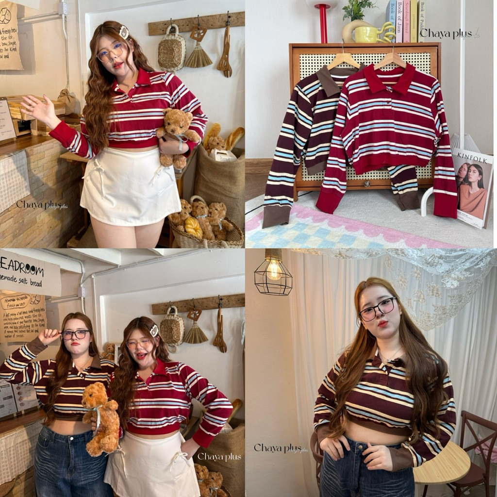 Chaya plus เสื้อครอปเชิ๊ตแขนยาวงานผ้าริ้ว งานผ้าโปโล เนื้อผ้ายืด ใส่สบาย สไตส์สายoversize