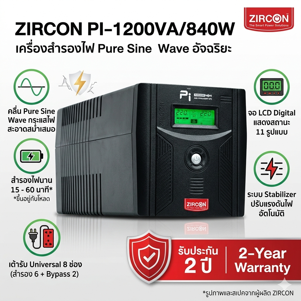PI 1200VA/840W UPS-ZIRCON สำหรับคอมประกอบ/PSU80+/ประกัน 2 ปี Pure Sinewave 100% (ออกใบกำกับภาษีได้)