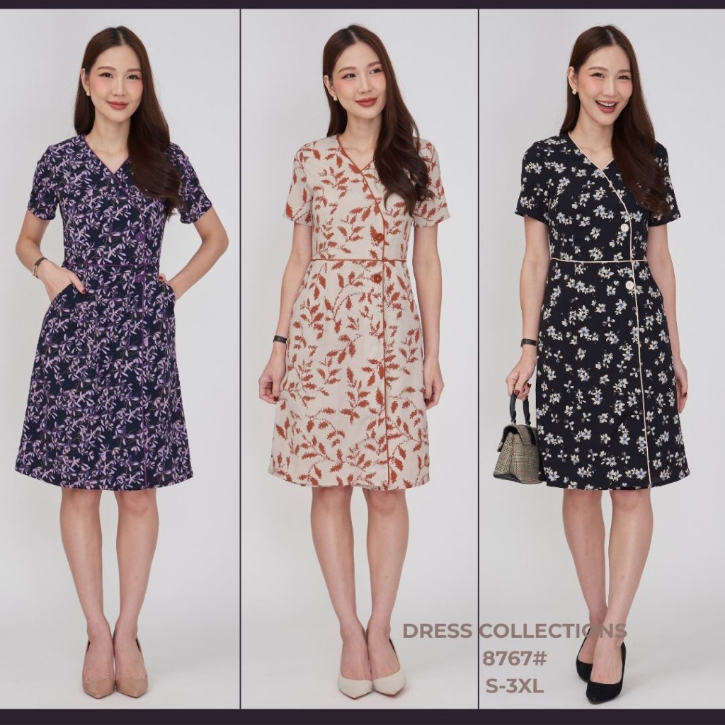 Laboratory  เดรส 8767# ผ้าพิมพ์ลาย ไม่อัดผ้ากาว มีกระเป๋า
