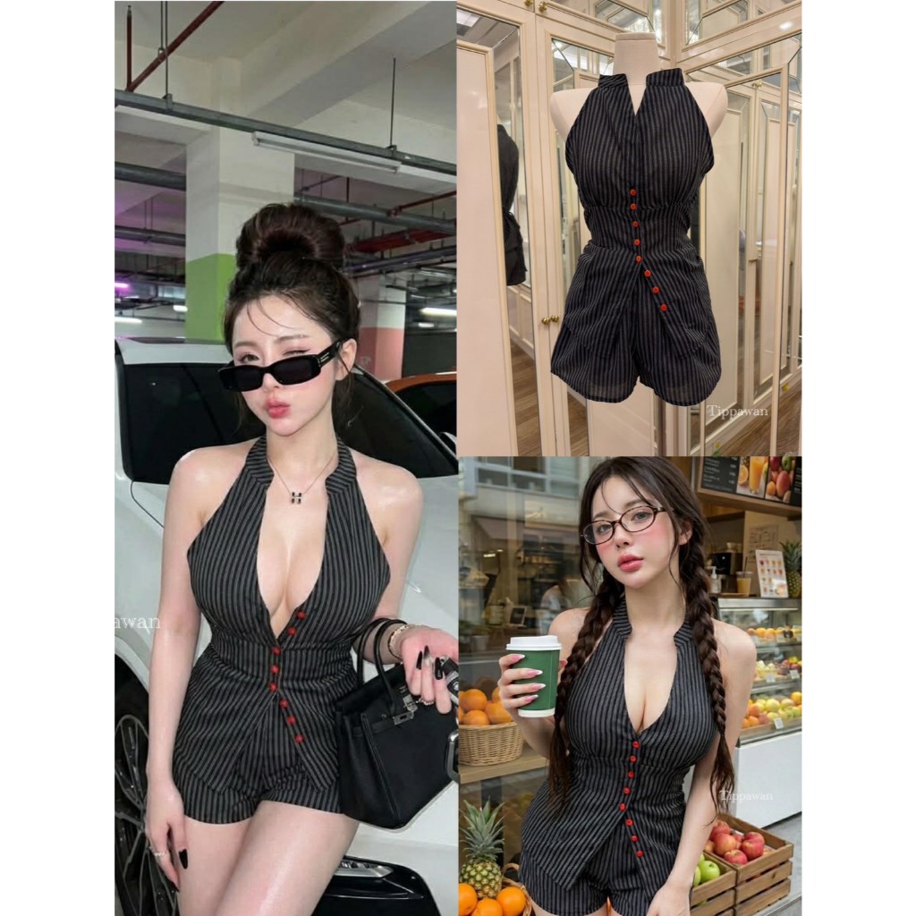 【TIPPAWAN】 TPW 55871 Setติดแกลมค่าา แขนกุดคอจีน  ผ้าทอลายสก้อต กระดุมหน้าใช้งานได้จรึง