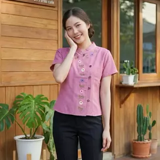 เสื้อผ้าฝ้ายผู้หญิง ทรงป้ายปักดอกเดซี่ งานปักมือ Handmade