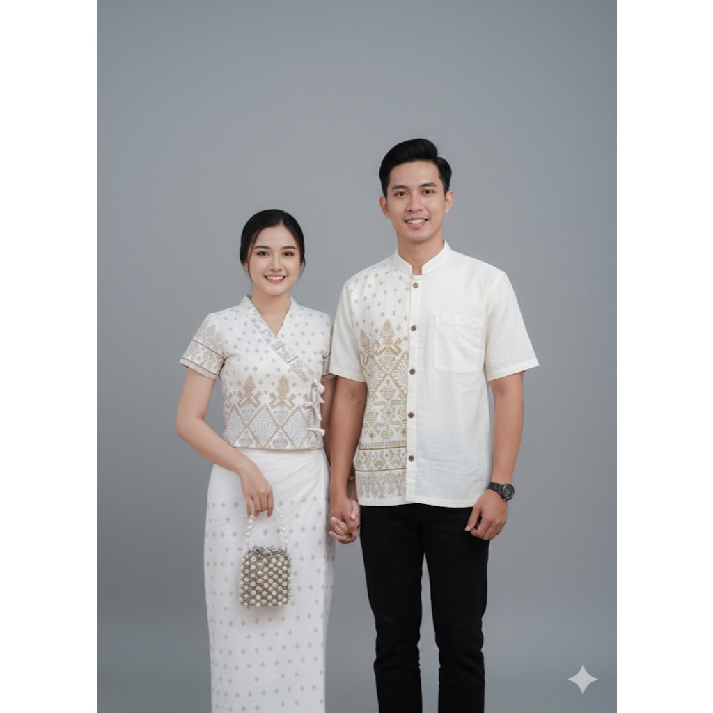 เสื้อพื้นเมืองผ้าฝ้าย ผู้ชายและผู้หญิง ดีไซน์ลายไทย เนื้อหมักโคลนไม่หยาบแข็ง