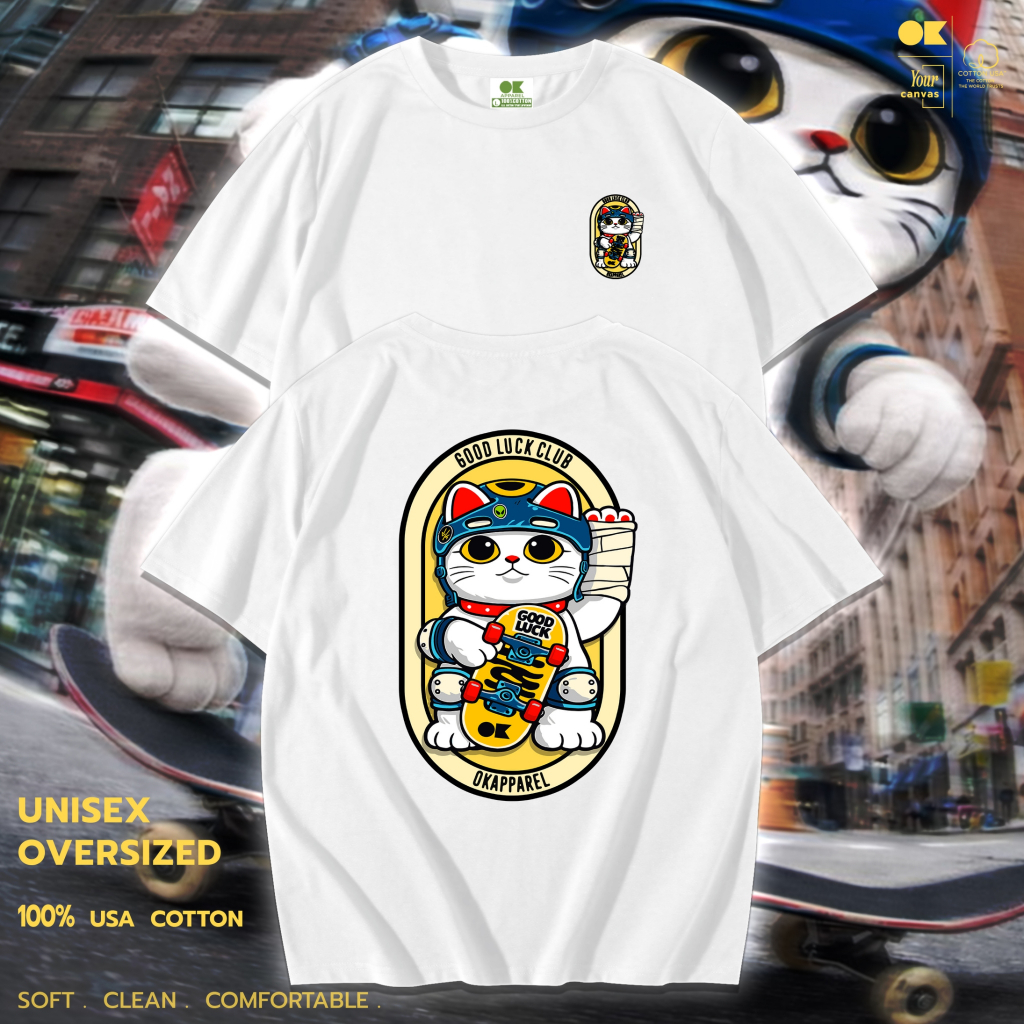 OK Apparel เสื้อยืดคอกลมแขนสั้น ลาย แมวกวัก Oversize Cotton ⚡️USAคุ้มสุด!⚡️